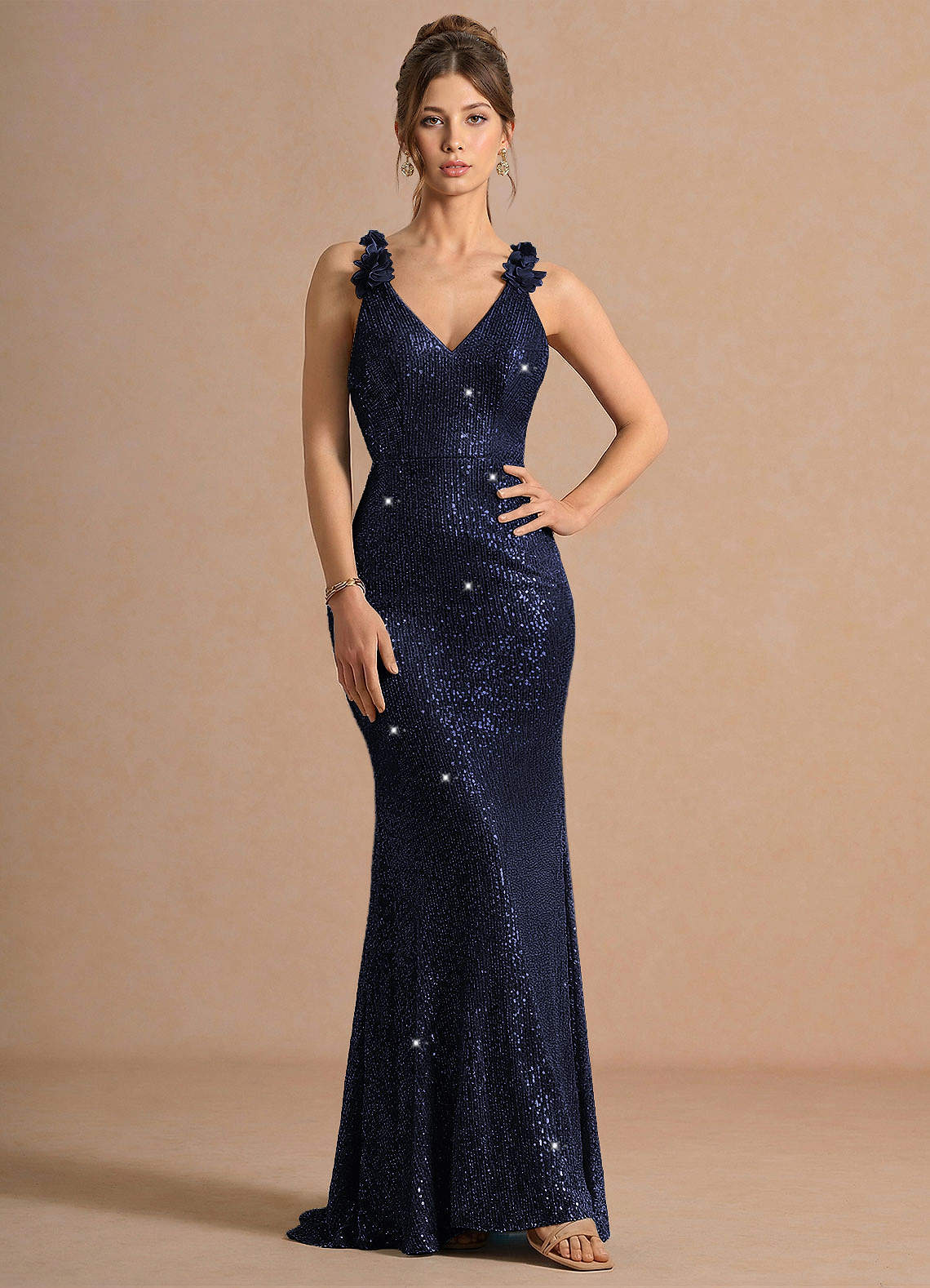 Selara Open-Back Floral Sequin Chiffon Evening Dress in Twilight Blue