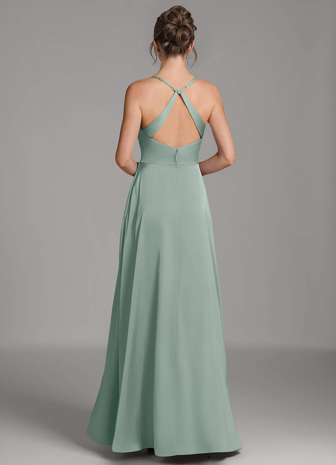 Frankie A-Line Scoop-Neck Stretch Satin Bridesmaid Dress in Silver Sage