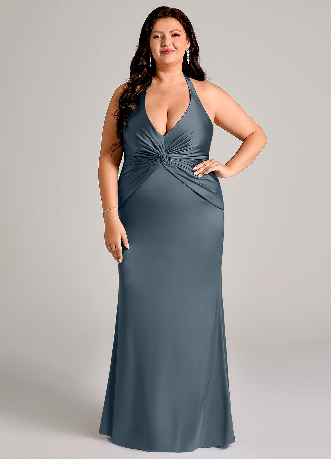Valerie Mermaid V-Neck Stretch Satin Bridesmaid Dress in Twilight