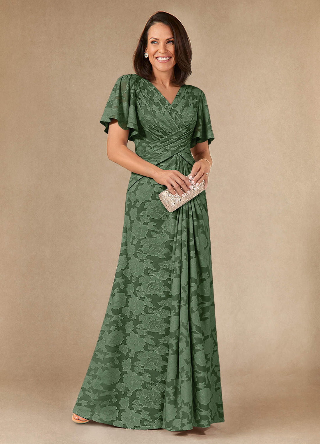 Emmeline A-Line V-Neck Floral Burnout Mother of the Bride Dress in eucalyptus