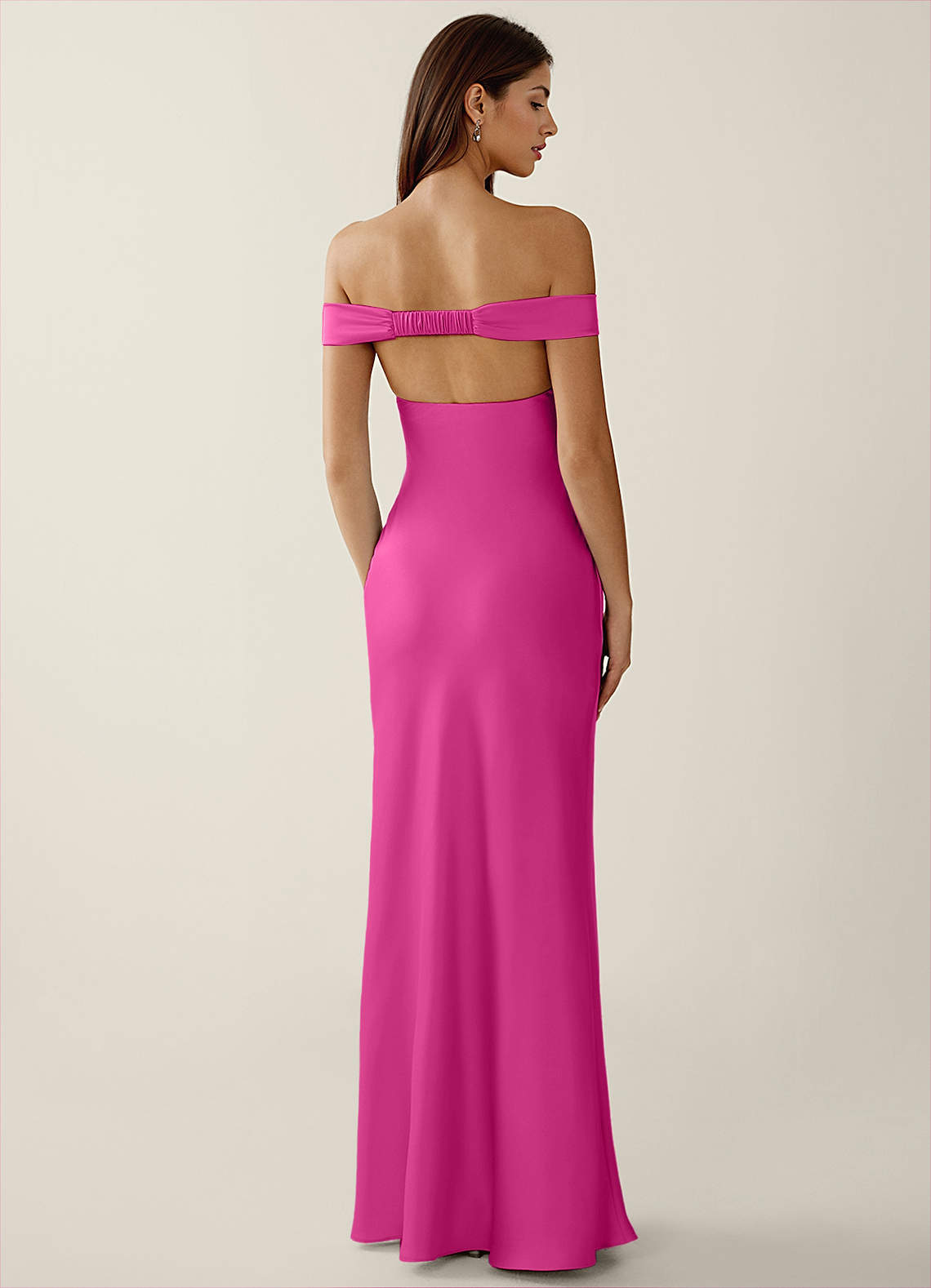 Gwendonme Sheath Off-the-Shoulder Satin Crystal Linen Evening Dress in Hot Pink