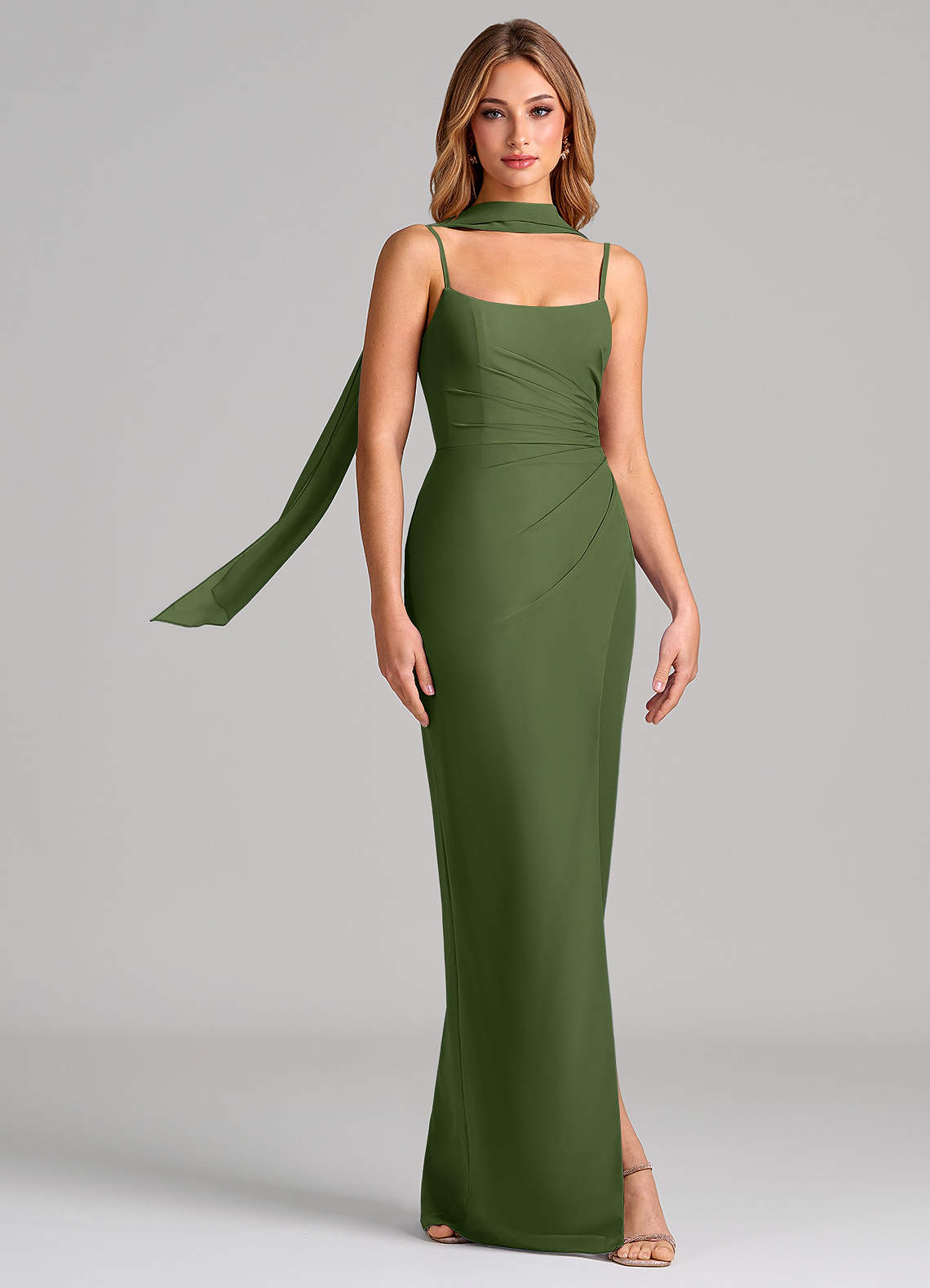 Calandra Sheath Scoop-Neck Chiffon Bridesmaid Dress in Olive