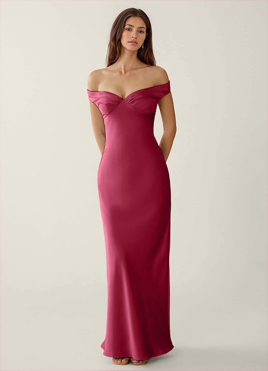 Gwendonme Sheath Off-the-Shoulder Satin Crystal Linen Evening Dress in Ruby Red
