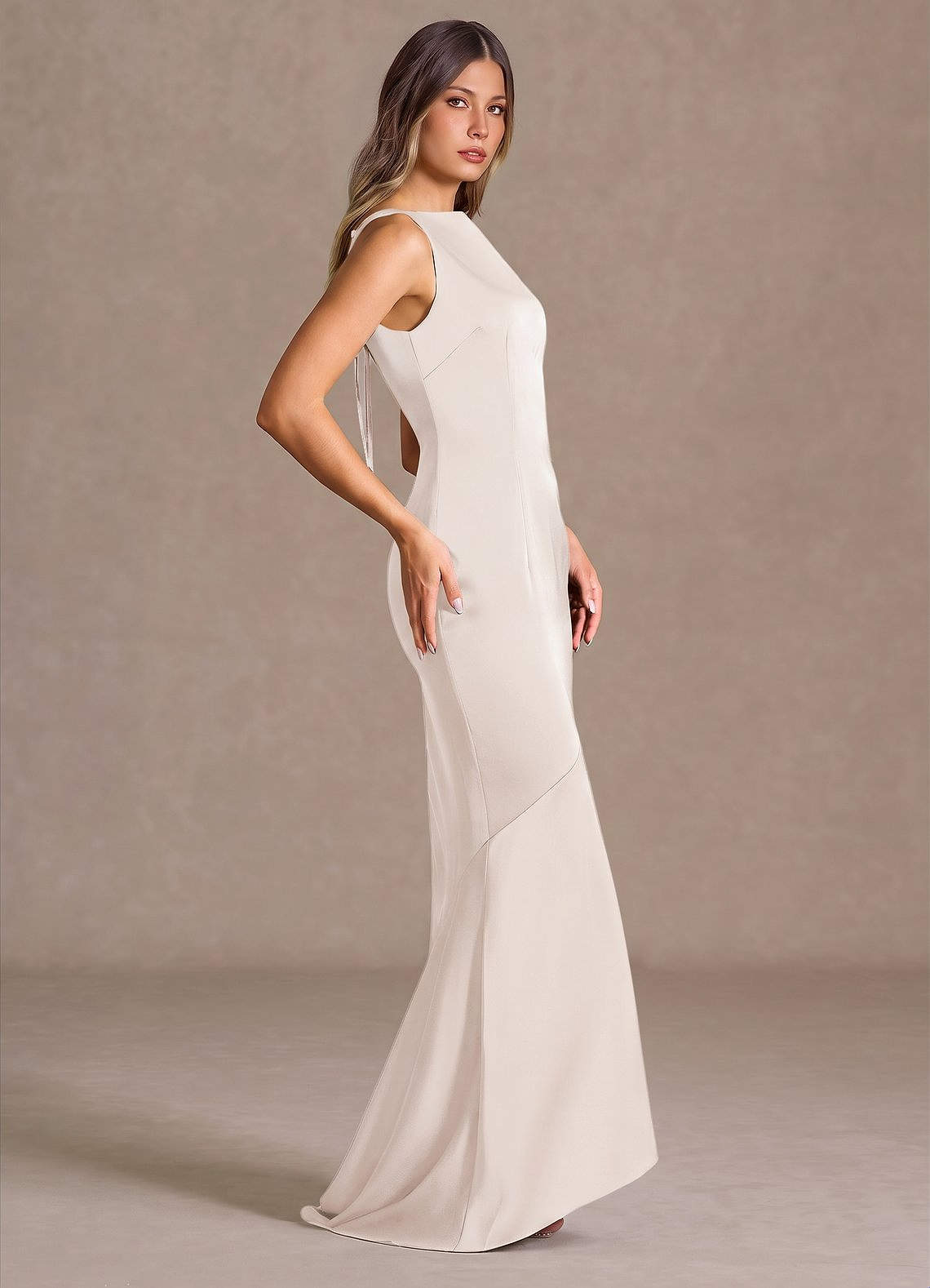 Wynne Mermaid Shoulder-Scarf Stretch Satin Evening Dress in Cream