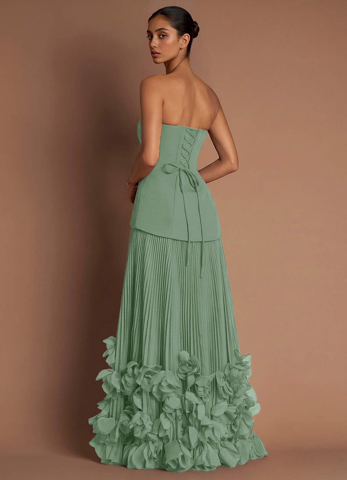 Marnie A-Line Corset Crepe Chiffon Evening Dress in matcha