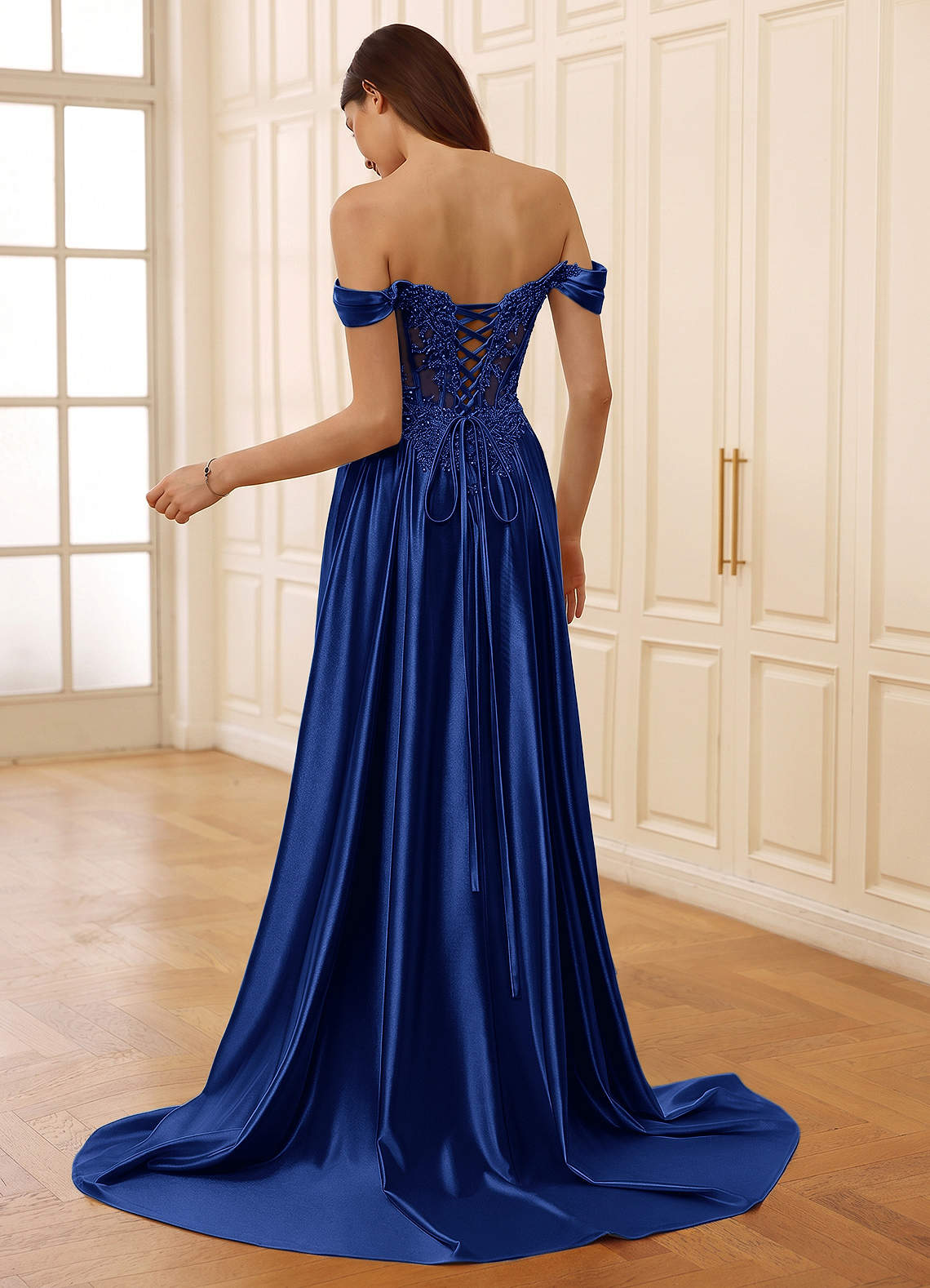 Rowane A-Line Off-the-Shoulder Satin Evening Dress in Royal Blue
