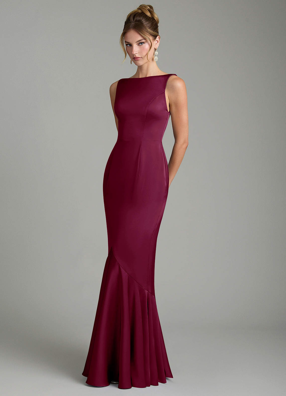 Tamera Mermaid Boat-Neck Stretch Satin and Chiffon Bridesmaid Dress in Mulberry