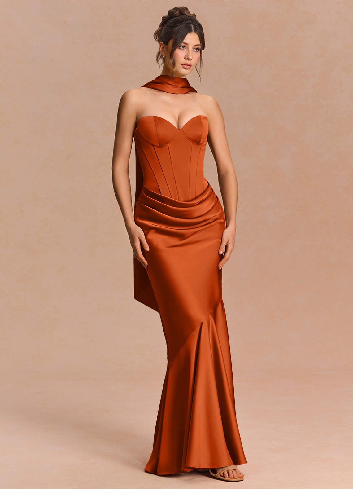 Euphemia Mermaid Strapless Stretch Satin Evening Dress in Rust