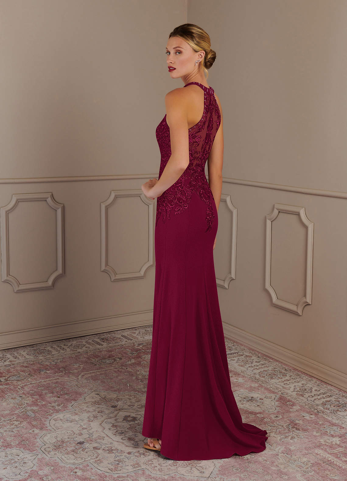 Tyra Mermaid Halter Tulle and Stretch Crepe Mother of the Bride Dress in Burgundy