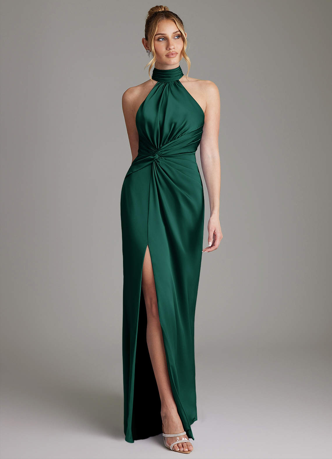 Gracelynn Sheath Halter Stretch Satin Bridesmaid Dress in Emerald