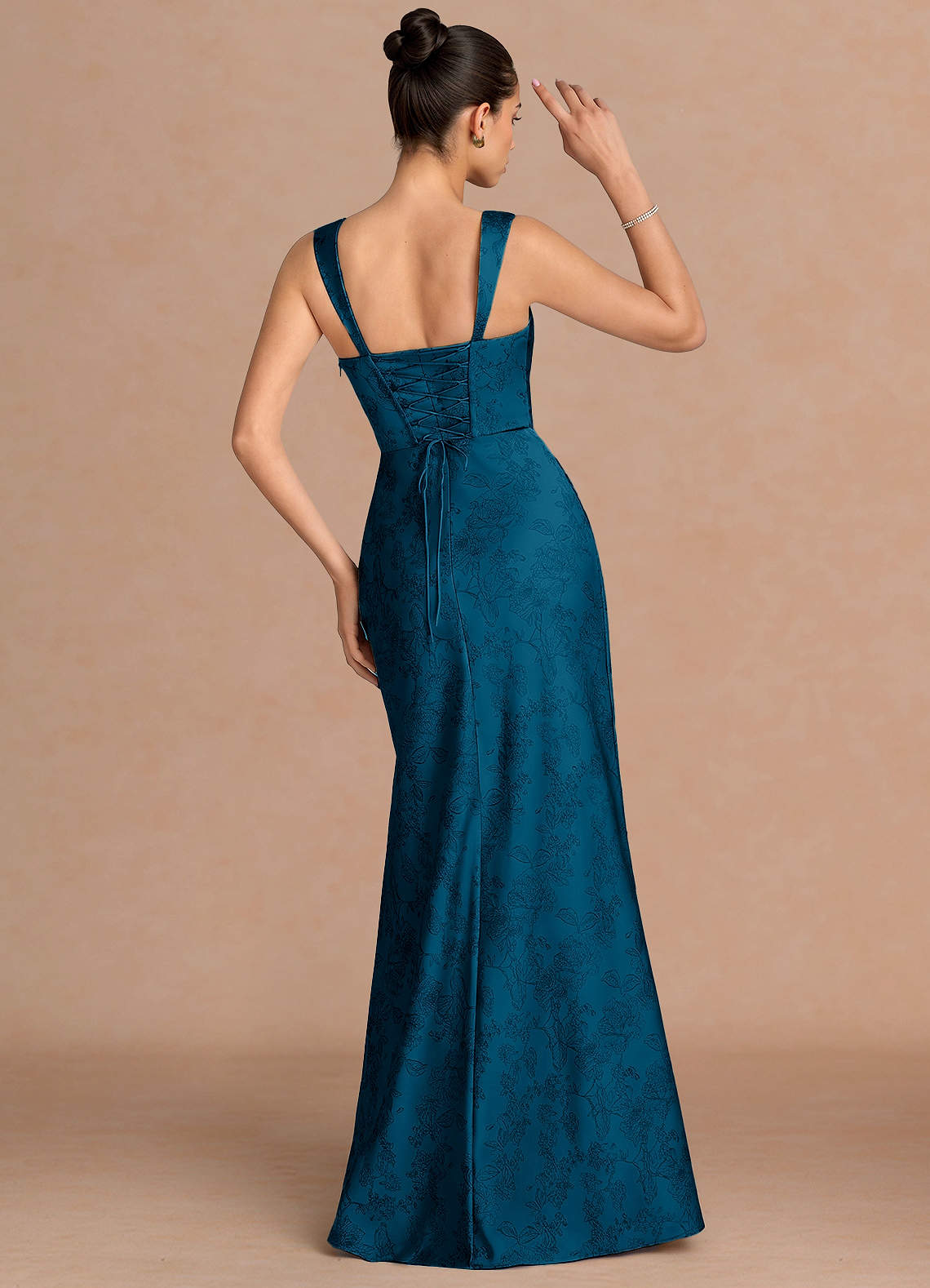Agustina Square-Neck Pleated Jacquard Evening Dress in Navy Black