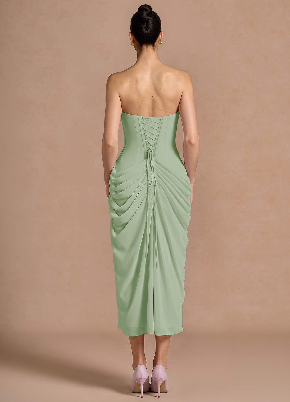 Kaavia Column Pleated Chiffon Midi Evening Dress in Light Green