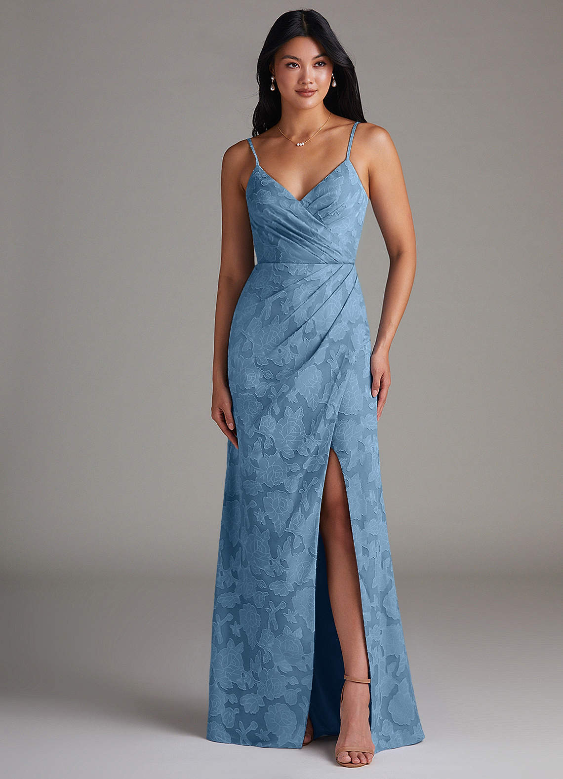 Maci Sheath V-Neck Floral Burnout Bridesmaid Dress in Steel Blue