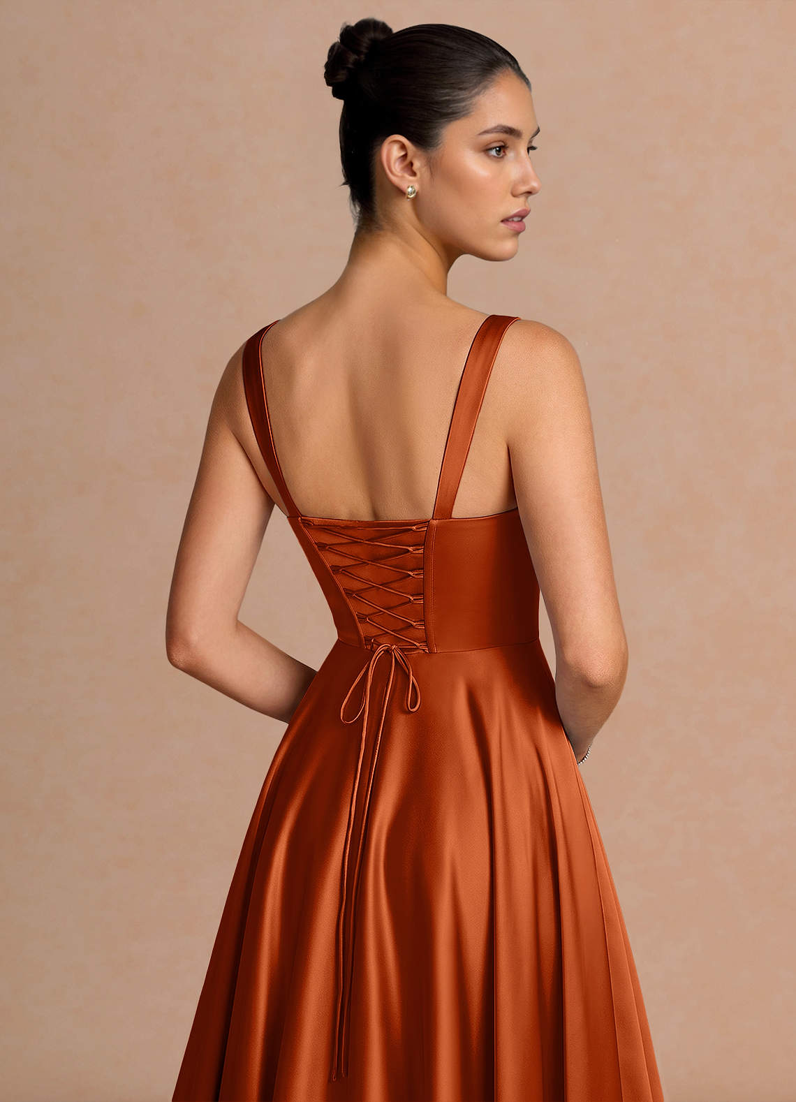Azaria A-Line Square-Neck Stretch Satin Wedding Guest Dress in Rust