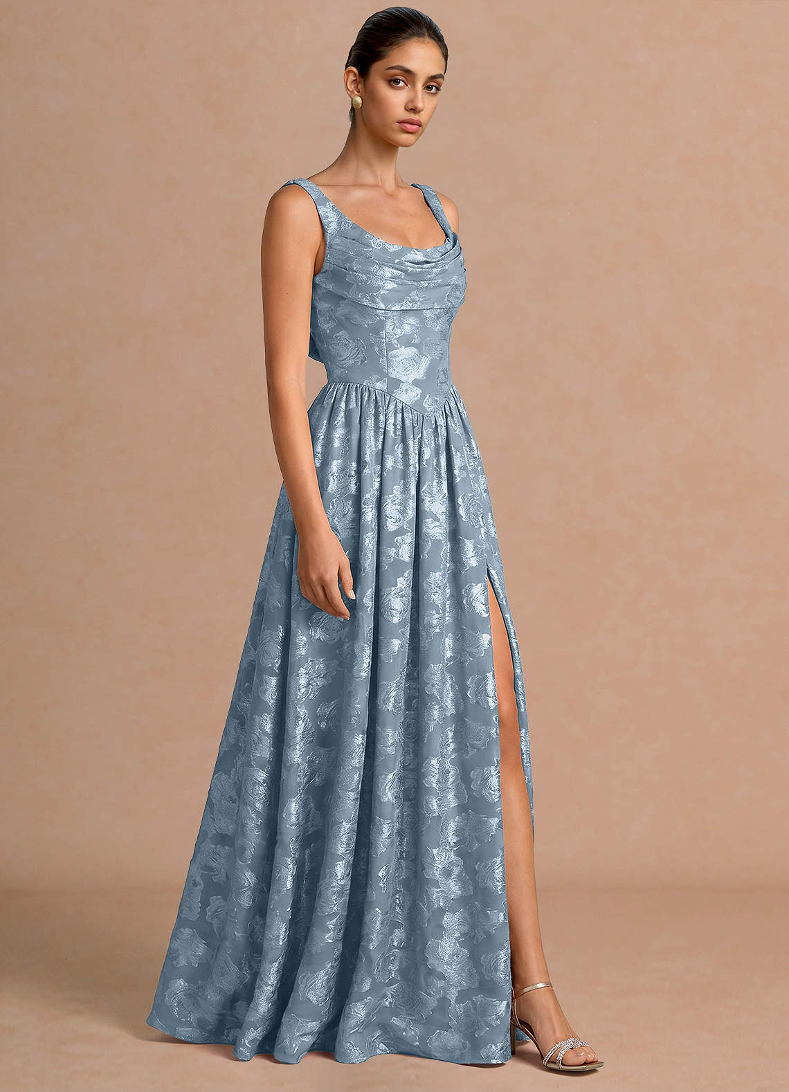 Novi A-Line Draped-Neck Floral Fil Coupé Evening Dress in Dusty Blue