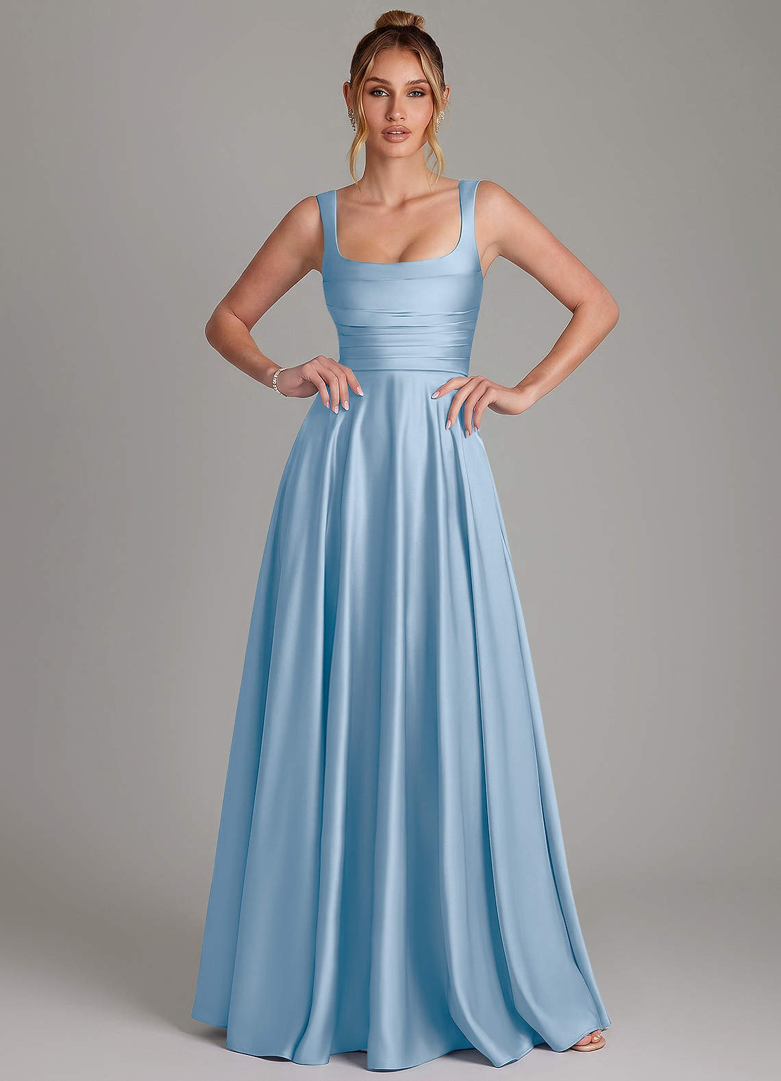 Azaria A-Line Square-Neck Stretch Satin Bridesmaid Dress in Powder Blue
