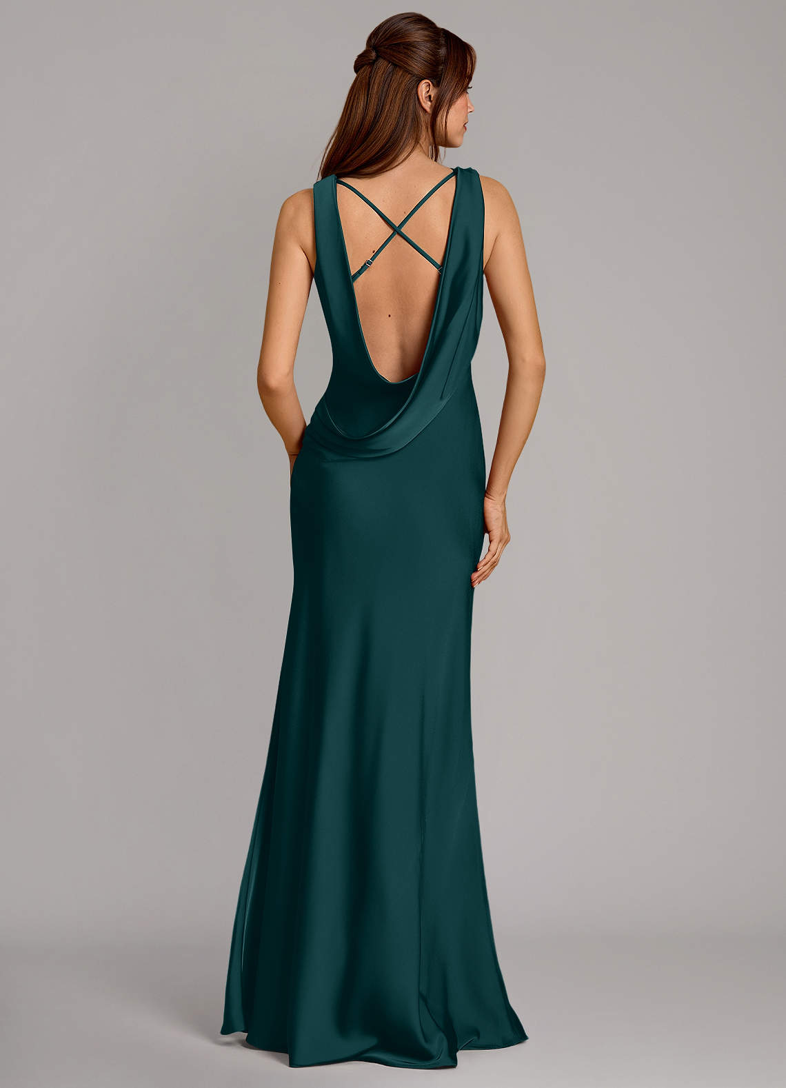 Cheryl Mermaid Cowl-Neck Stretch Satin Bridesmaid Dress in Pine