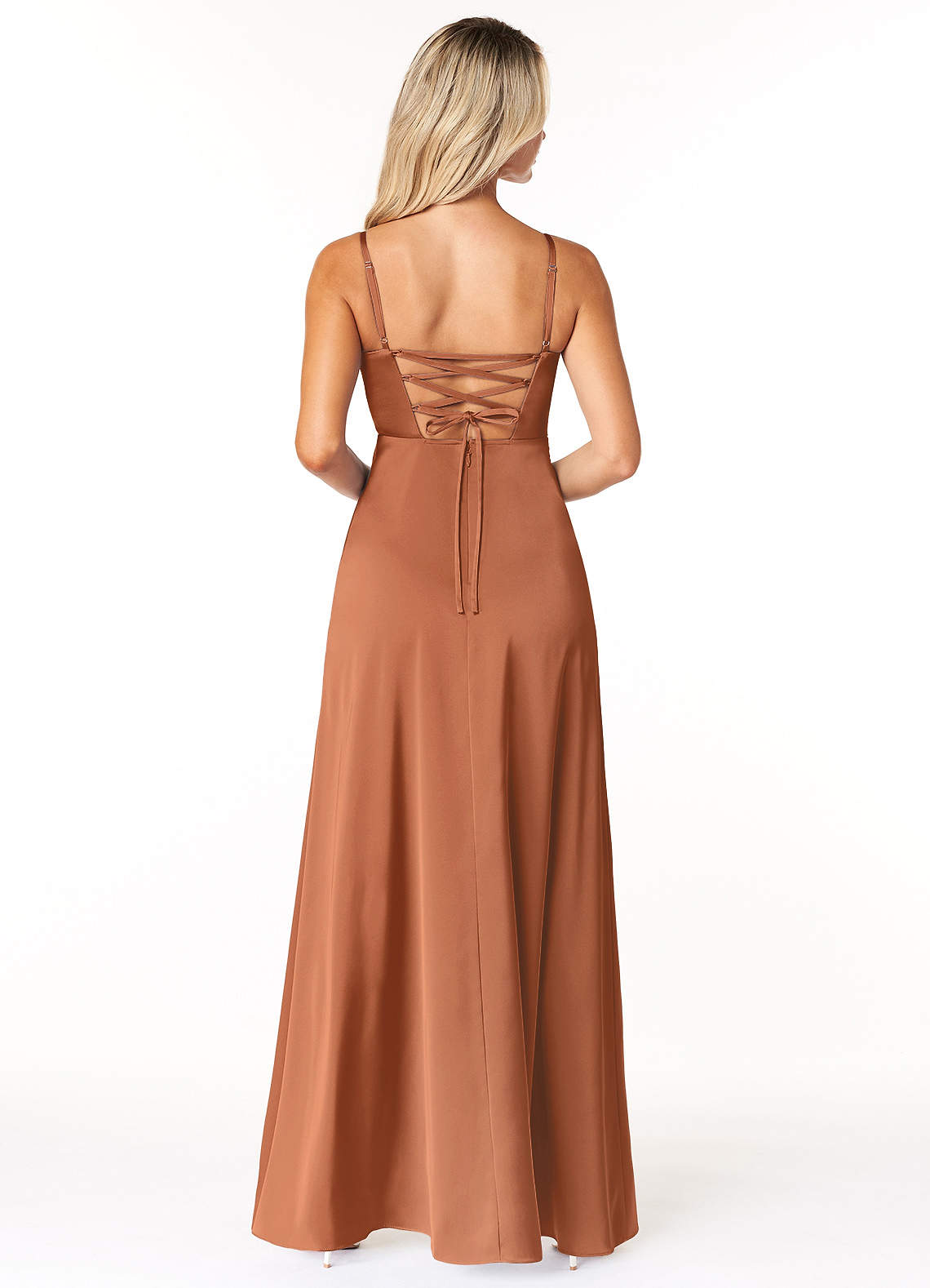 Marchella A-Line V-Neck Stretch Satin Bridesmaid Dress in Copper