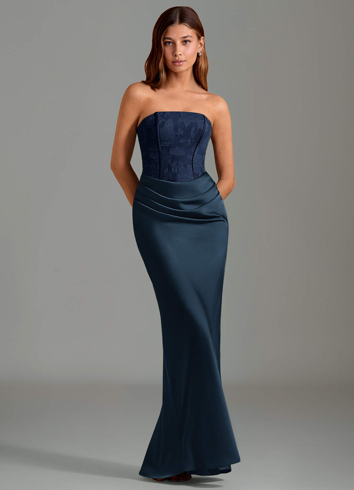 Emilia Mermaid Strapless Stretch Satin and Floral Burnout Bridesmaid Dress in Dark Navy
