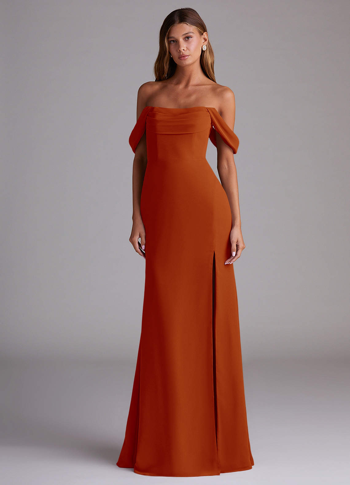 Saige A-Line Off-the-Shoulder Chiffon Bridesmaid Dress in Paprika