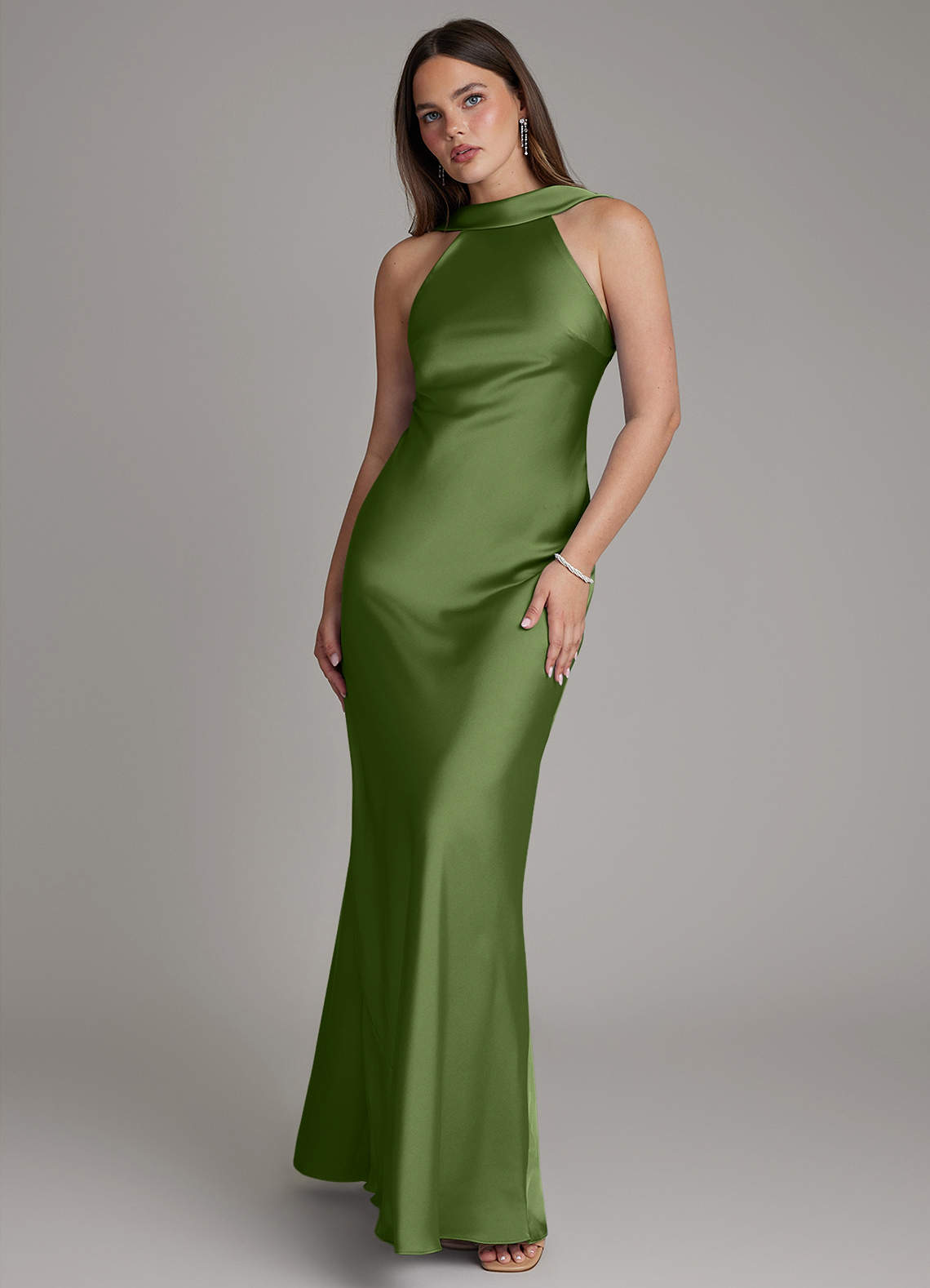 Dimitra Sheath Halter Stretch Satin Bridesmaid Dress in Juniper