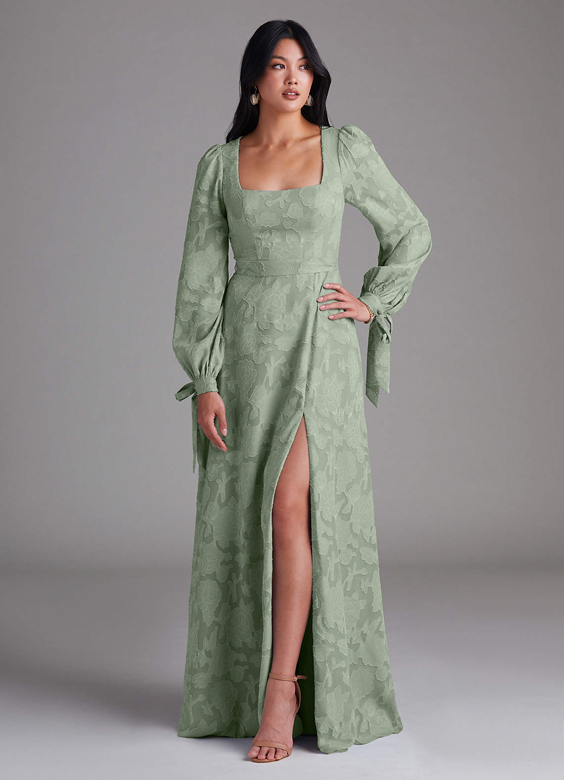 Leonia A-Line Square-Neck Stretch Satin Bridesmaid Dress in Agave