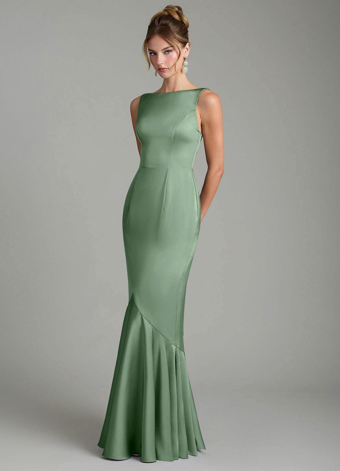 Tamera Mermaid Boat-Neck Stretch Satin and Chiffon Bridesmaid Dress in Matcha