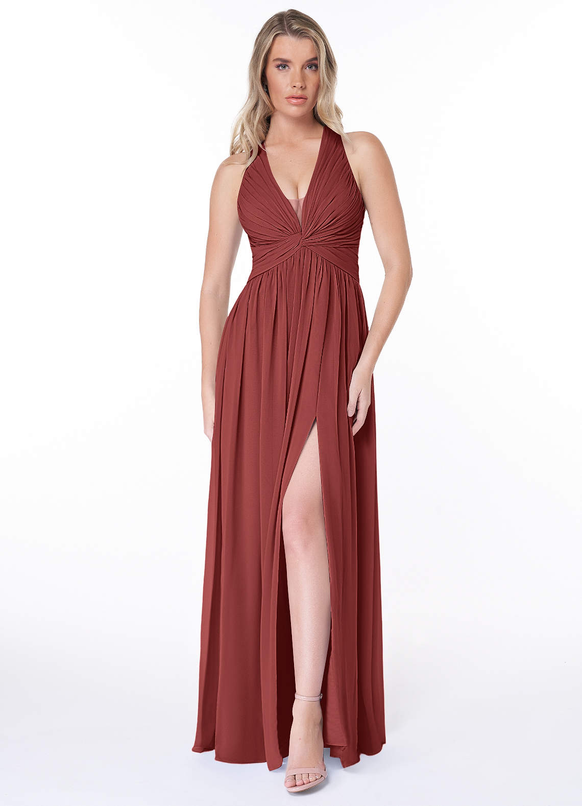 Jaclyn A-Line Halter Chiffon Bridesmaid Dress in Terracotta