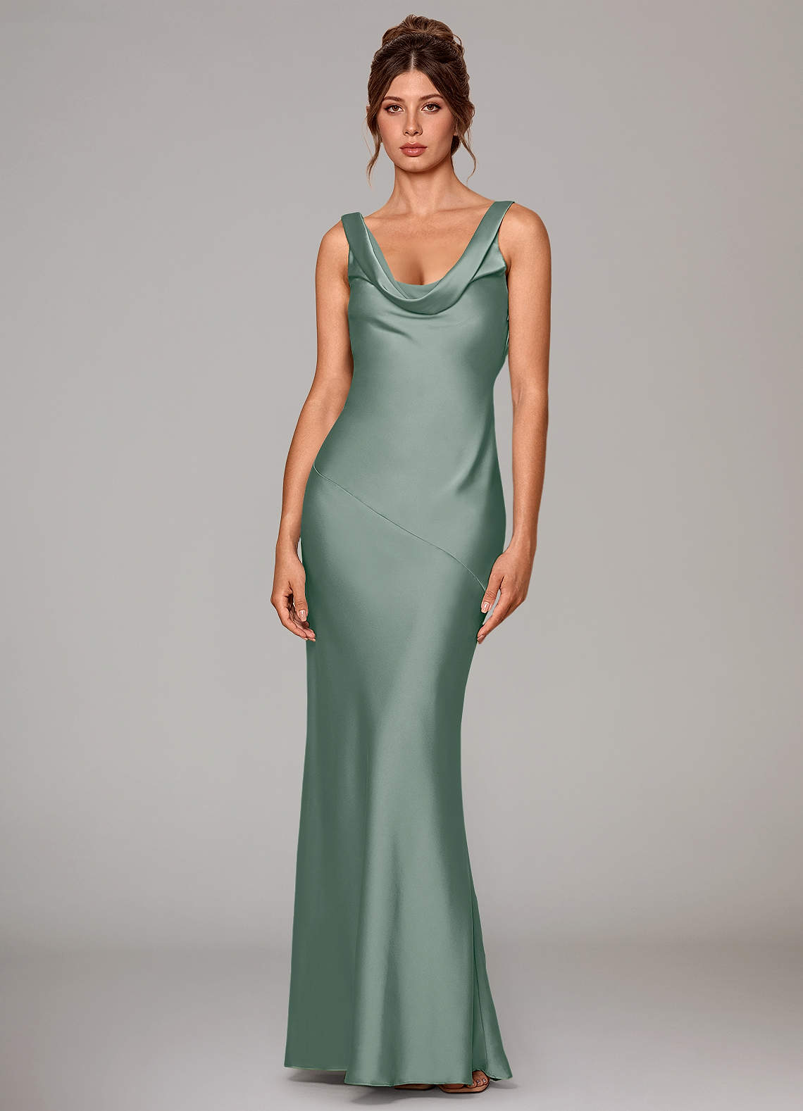 Rylina Mermaid Cowl-Neck Stretch Satin Bridesmaid Dress in Silver Sage