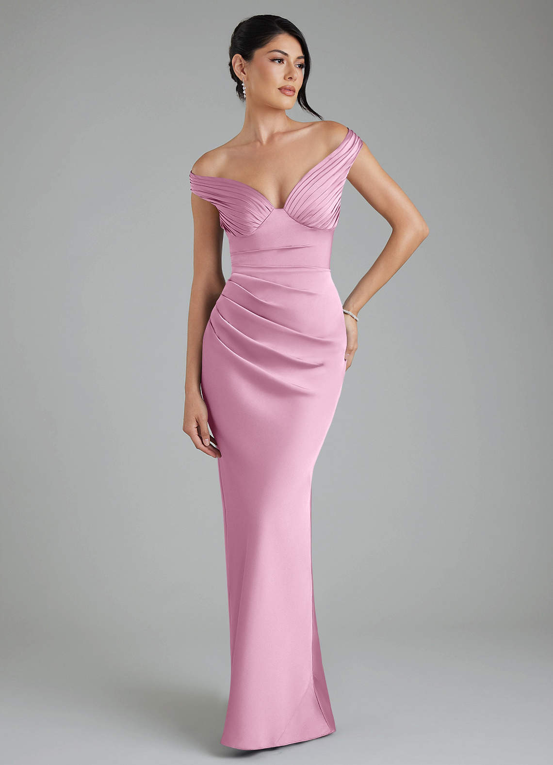 Stella Sheath V-Neck Stretch Satin Bridesmaid Dress in candy pink
