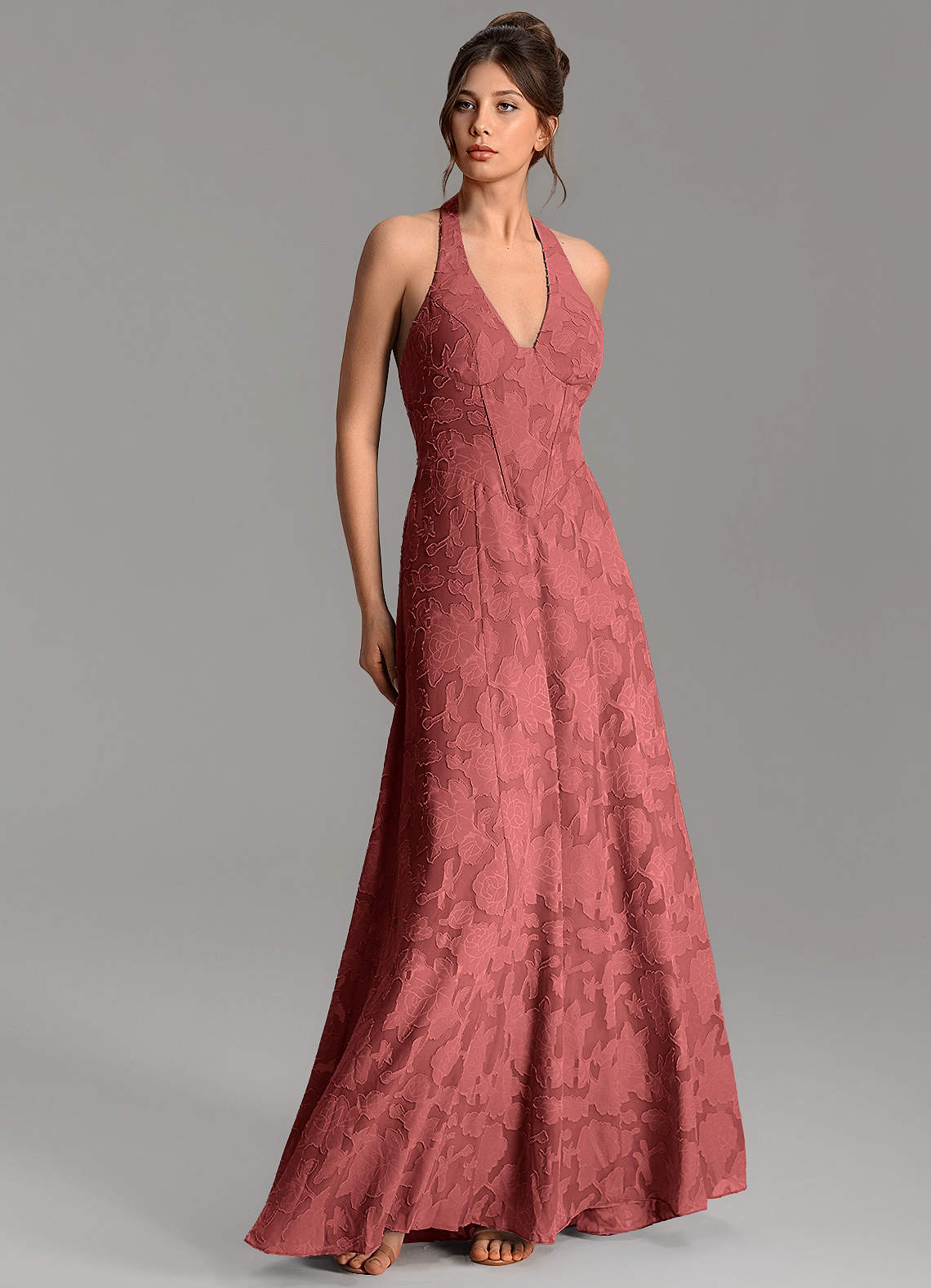 Nia A-Line V-Neck Floral Burnout Bridesmaid Dress in Terracotta