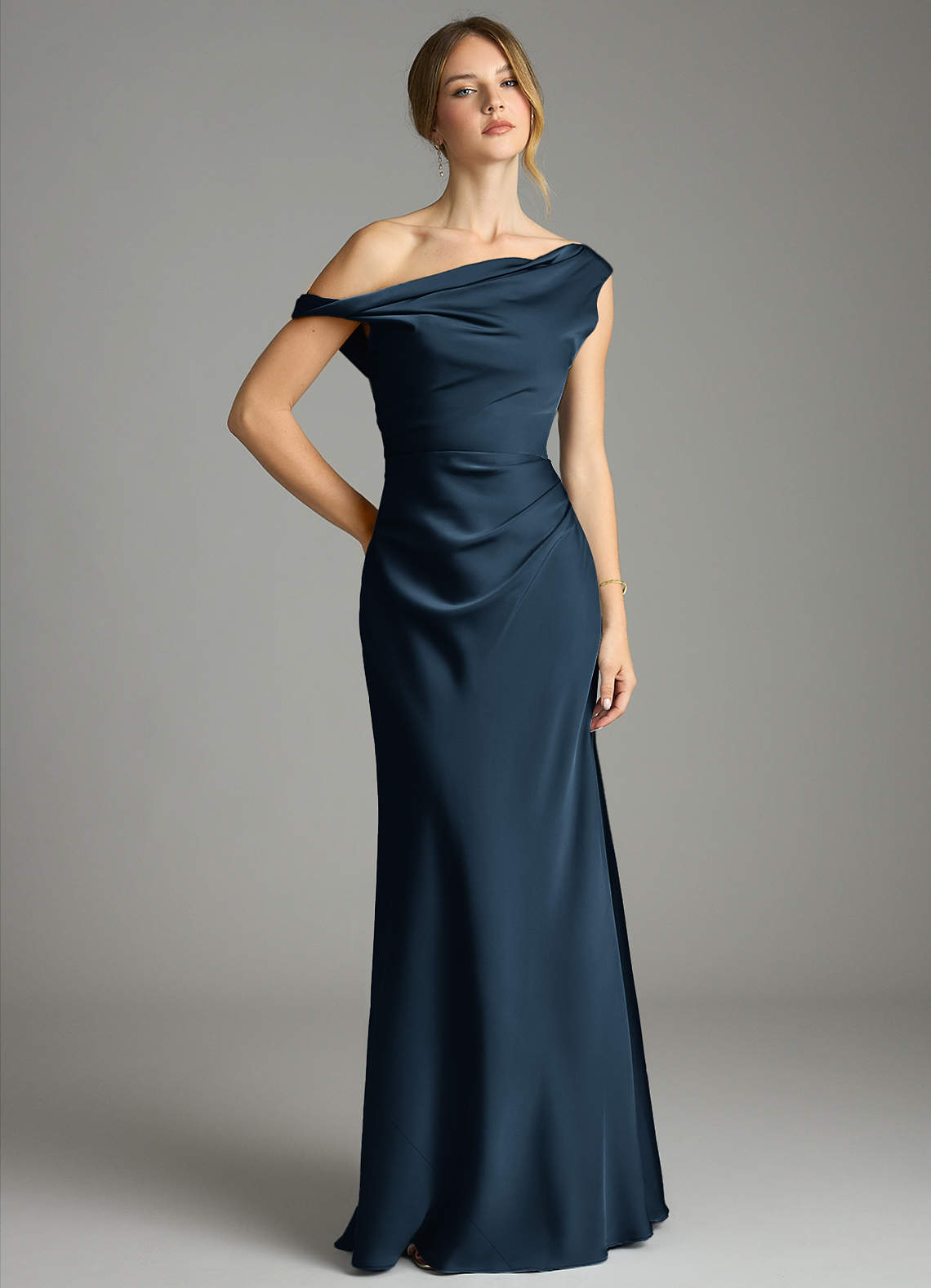 Emerson Mermaid One-Shoulder Stretch Satin Bridesmaid Dress in Dark Navy