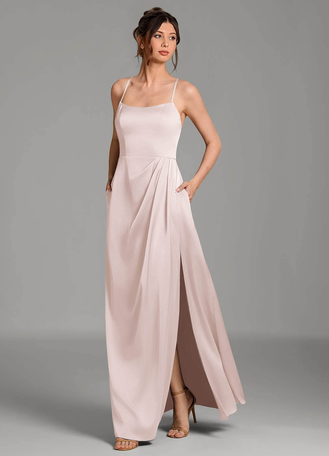 Frankie A-Line Scoop-Neck Stretch Satin Bridesmaid Dress in Blushing Pink