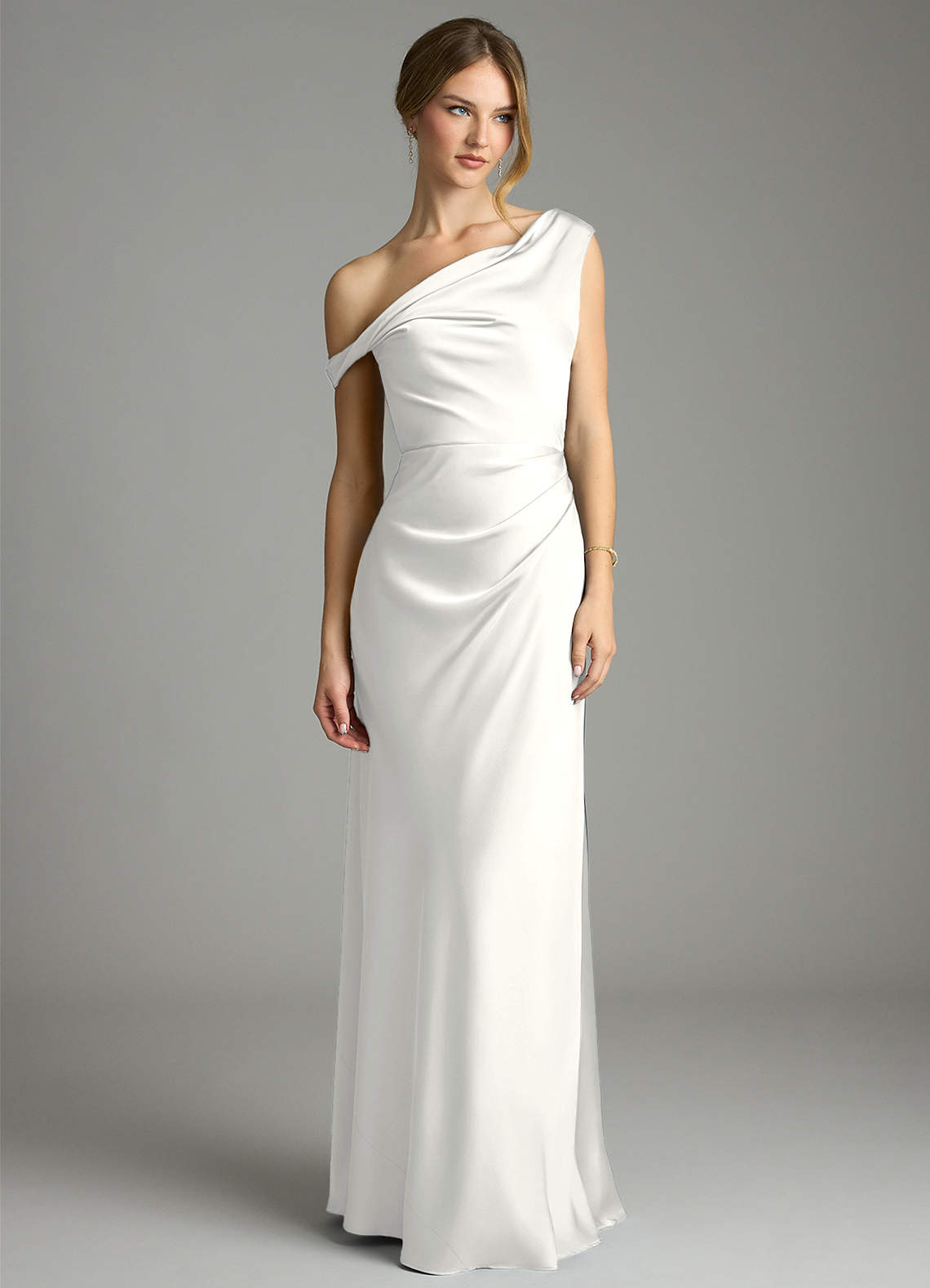 Emerson Mermaid One-Shoulder Stretch Satin Bridesmaid Dress in white