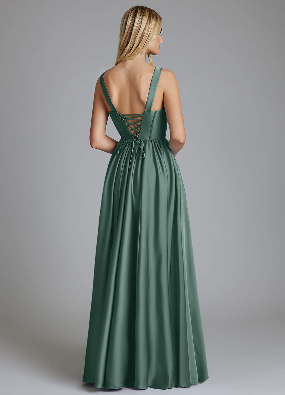 Delmie A-Line V-Neck Stretch Satin Bridesmaid Dress in Eucalyptus