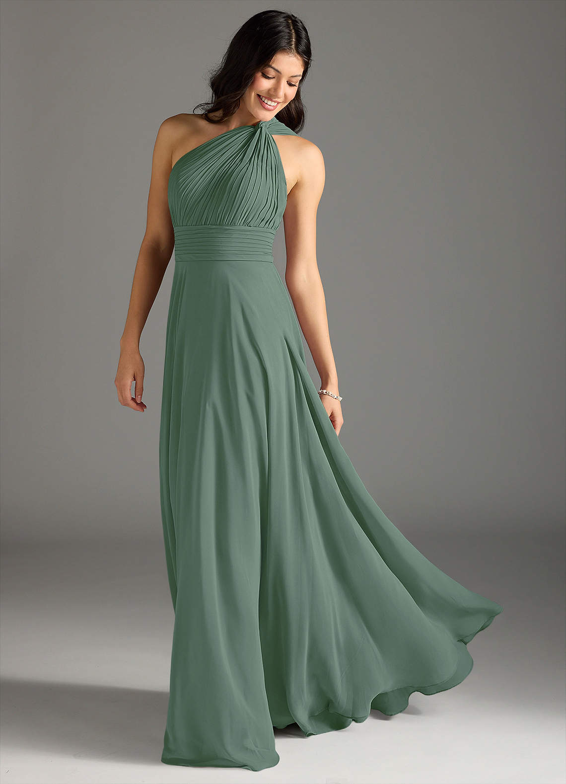 Charlize A-Line One-Shoulder Chiffon Bridesmaid Dress in Eucalyptus