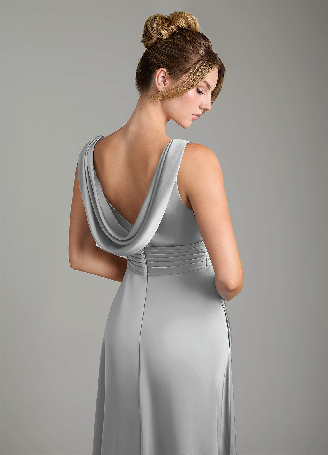Karina A-Line V-Neck Stretch Satin Bridesmaid Dress in Silver