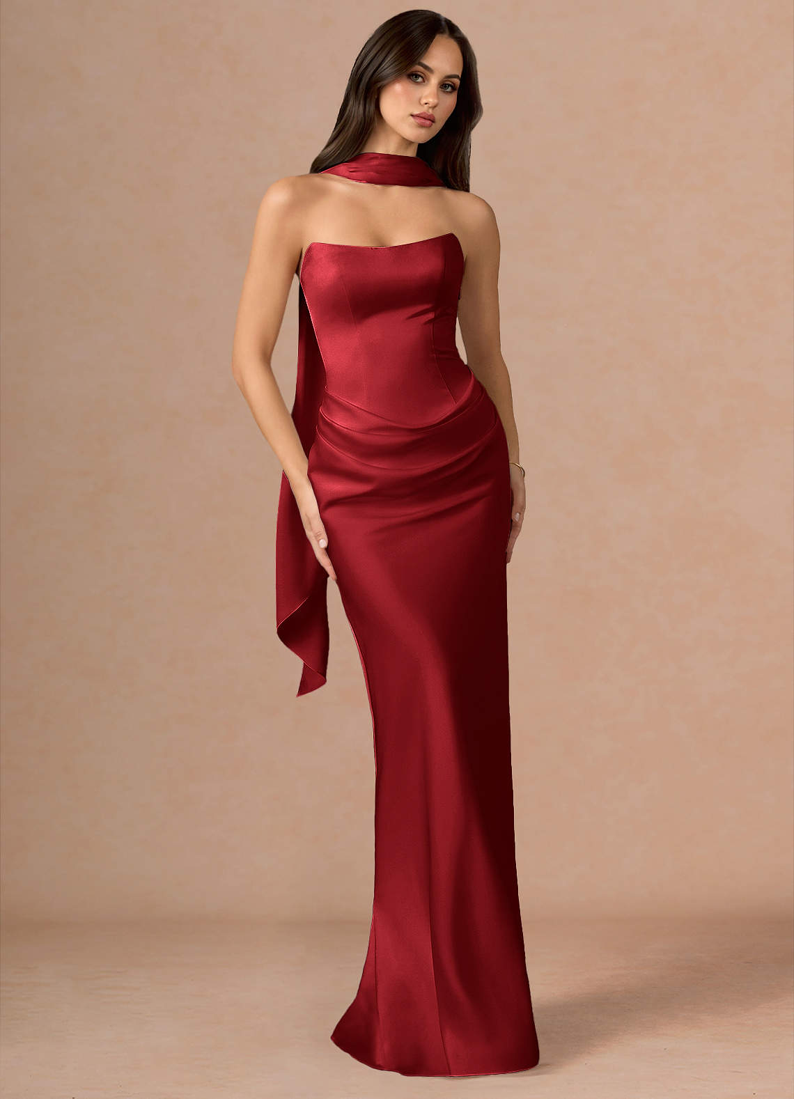 Valencia Scarf Lace-Up Stretch Satin Evening Dress in Dusty Blue