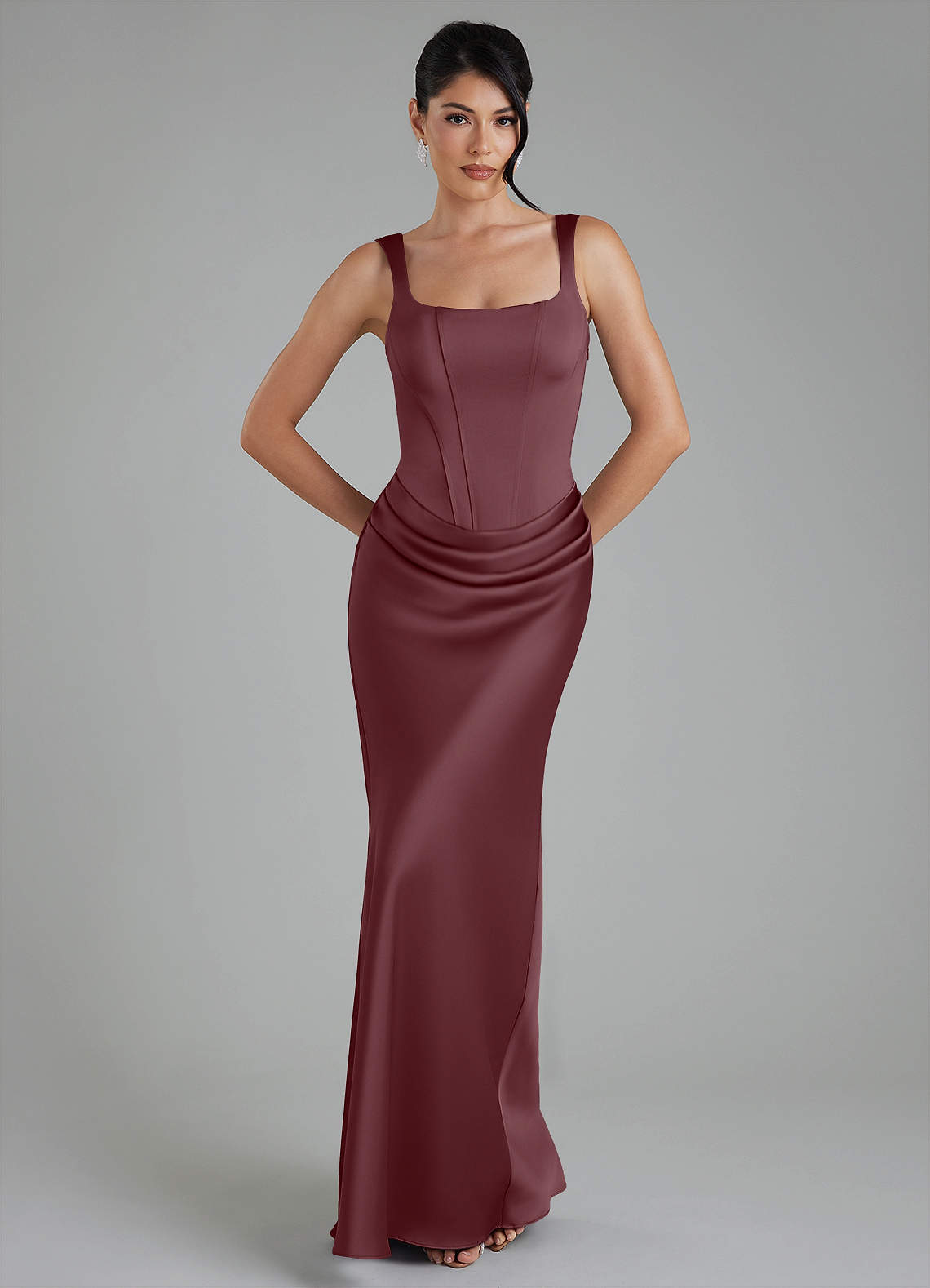 Etta Mermaid Square-Neck Stretch Satin Bridesmaid Dress in Sangria