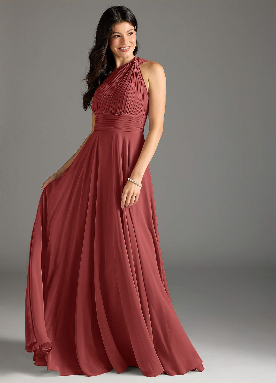 Charlize A-Line One-Shoulder Chiffon Bridesmaid Dress in Terracotta