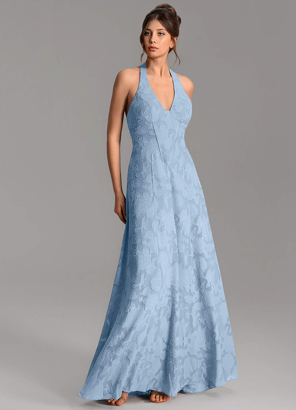 Nia A-Line V-Neck Floral Burnout Bridesmaid Dress in Powder Blue