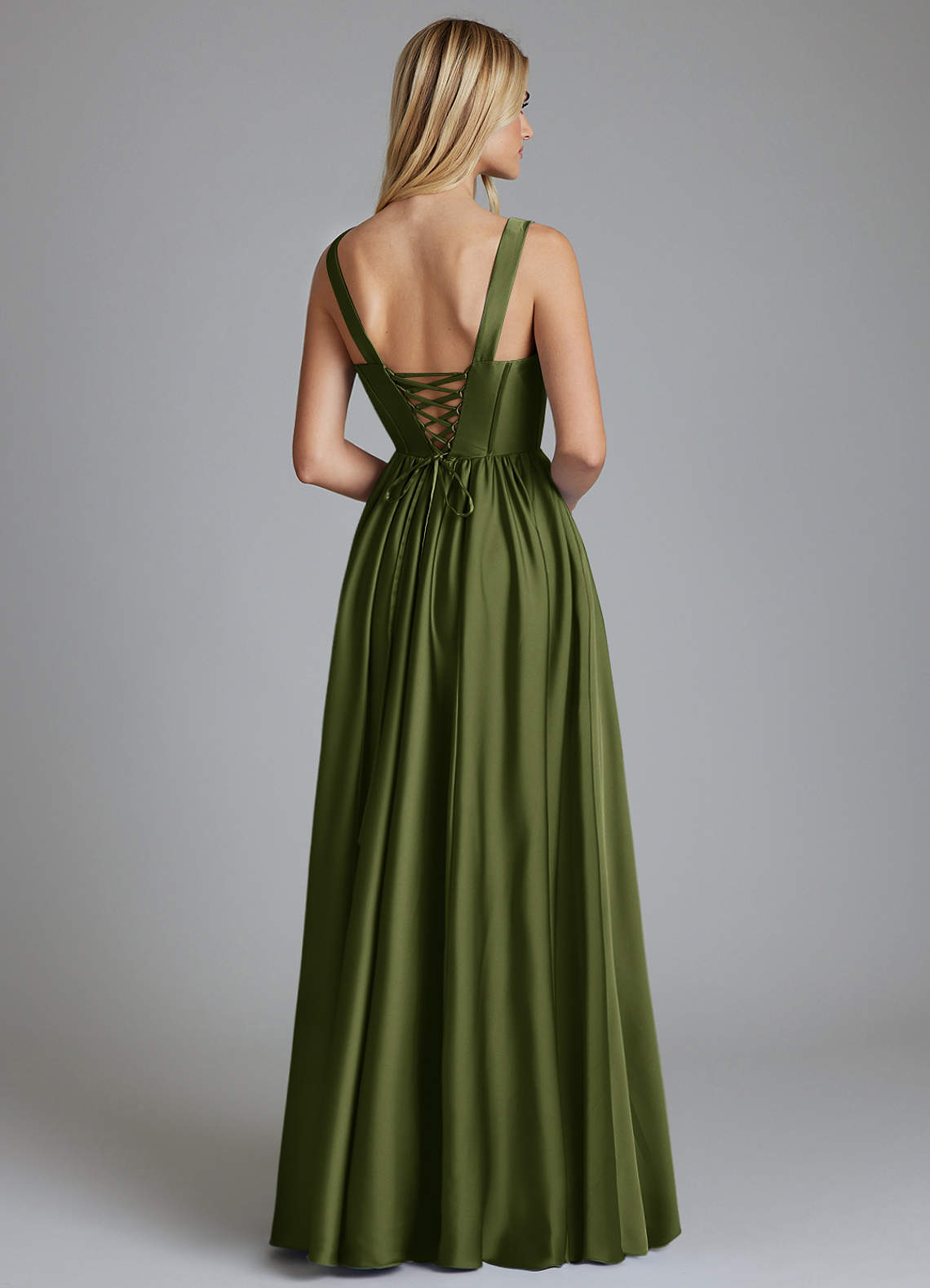 Delmie A-Line V-Neck Stretch Satin Bridesmaid Dress in Olive
