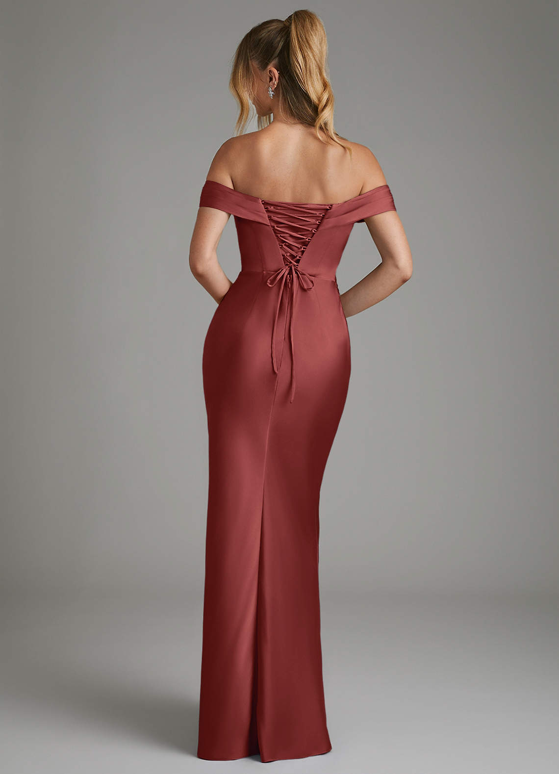 Hayden Mermaid Off-the-Shoulder Stretch Satin Bridesmaid Dress in Terracotta