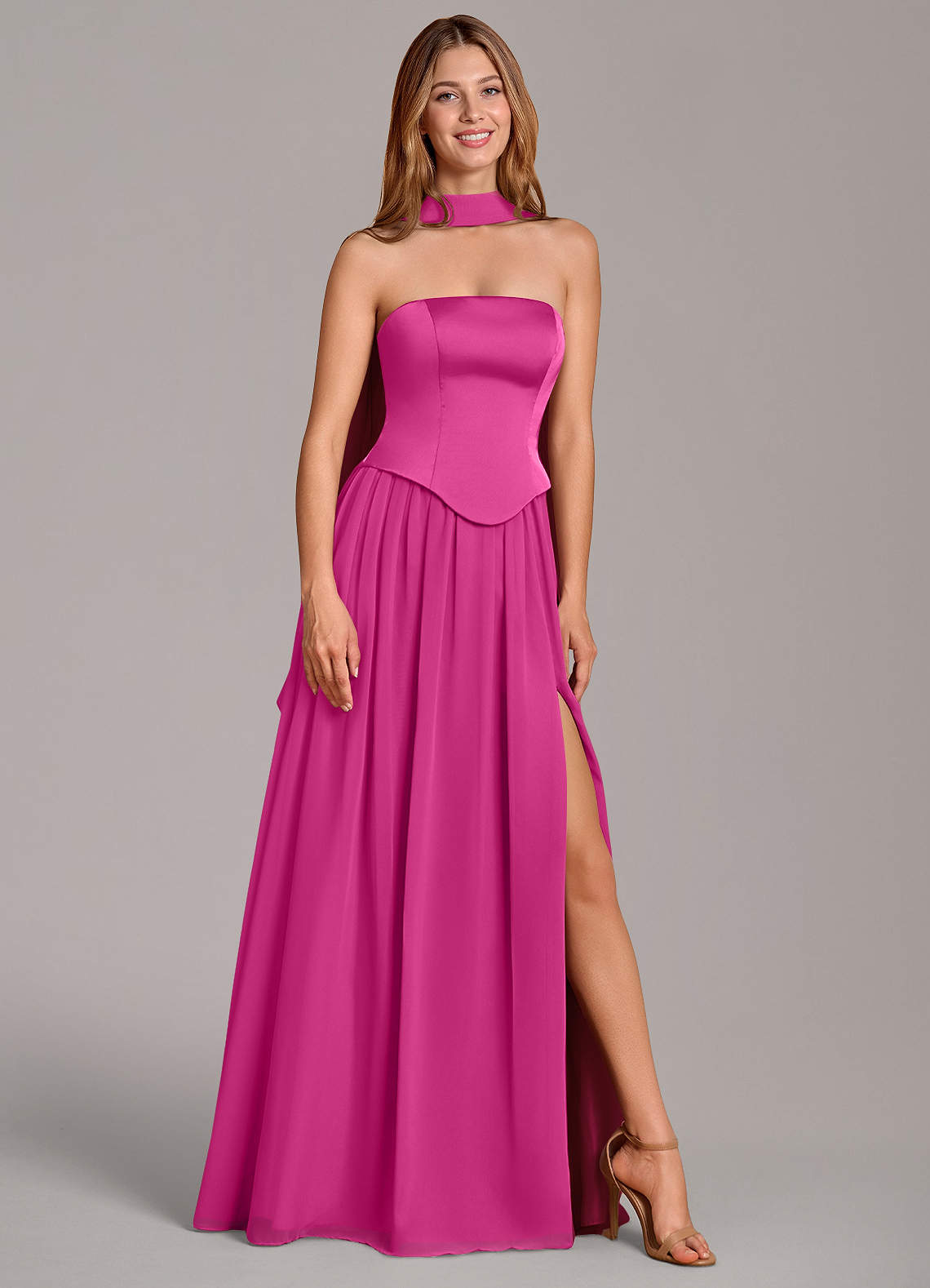 Cadence A-Line Strapless Chiffon and Stretch Satin Bridesmaid Dress in Fuchsia