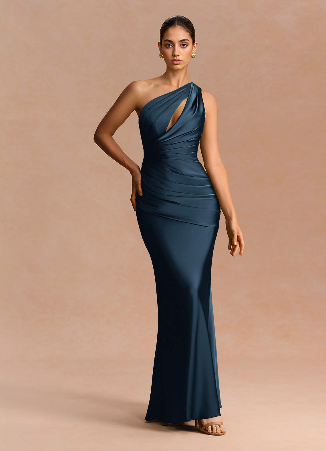 Guinevere One-Shoulder Cutout Stretch Satin Evening Dress in Navy