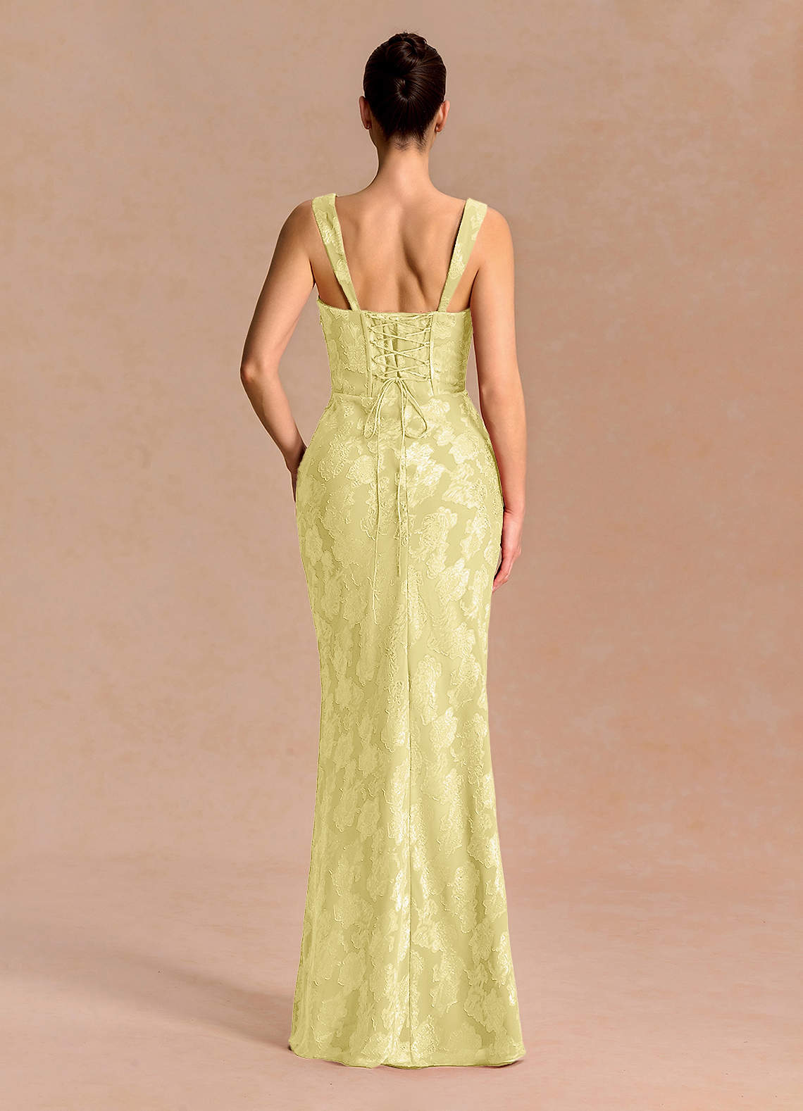 Agustina Square-Neck Pleated Fil Coupé Evening Dress in Lemon Sorbet