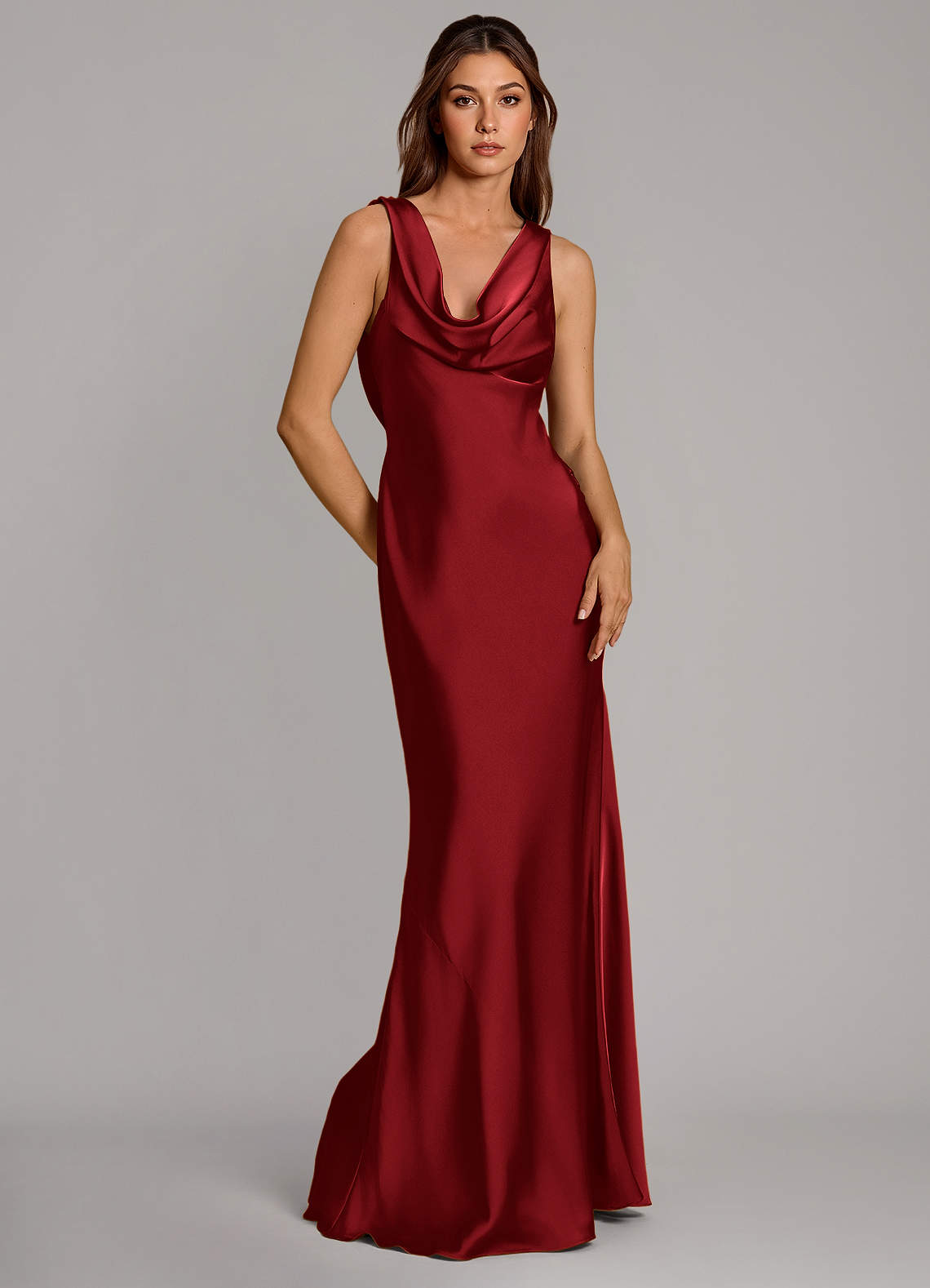 Cheryl Mermaid Cowl-Neck Stretch Satin Bridesmaid Dress in Scarlet