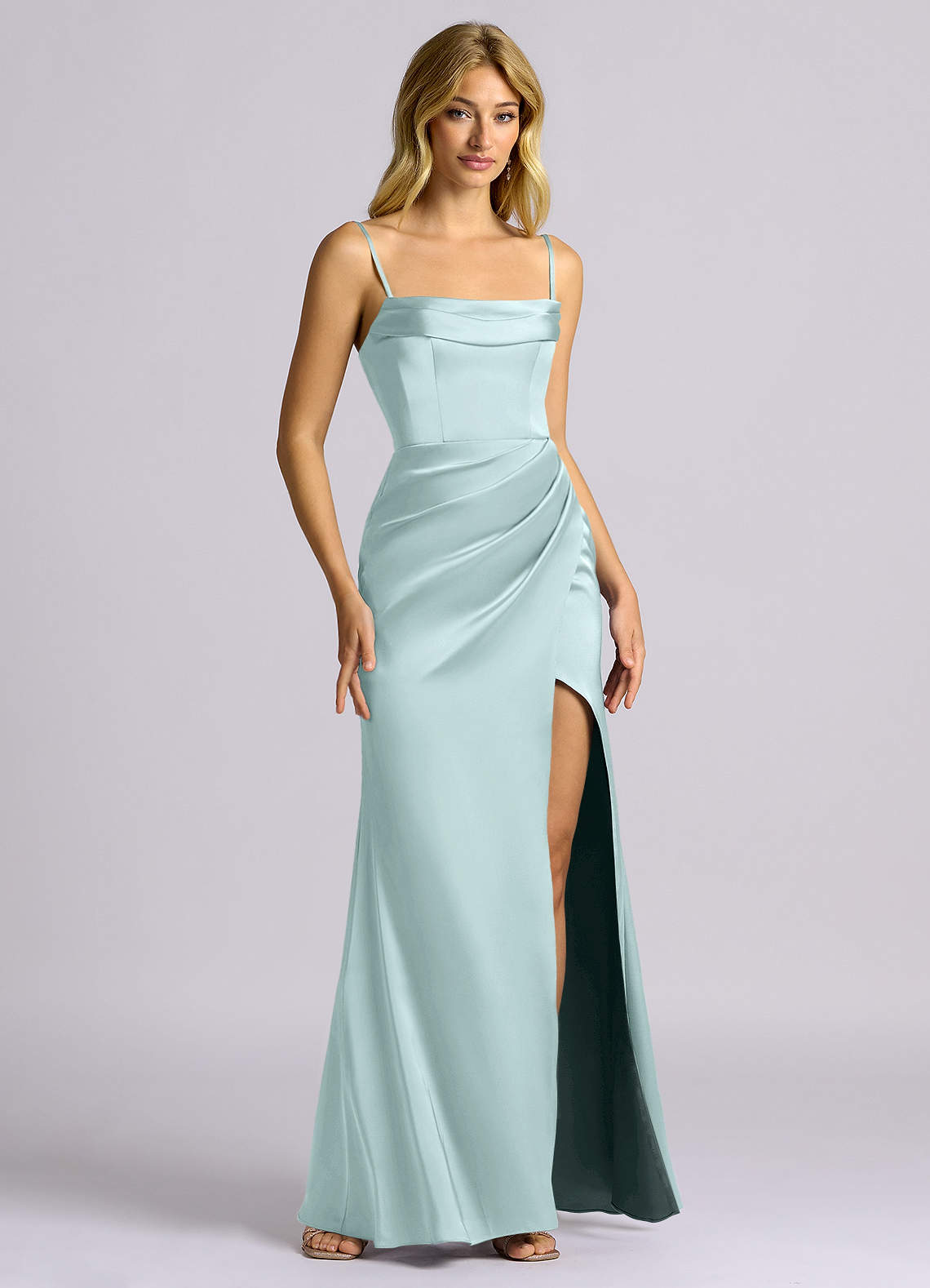 Auden Sheath Off-the-Shoulder Stretch Satin Bridesmaid Dress in Sea Glass