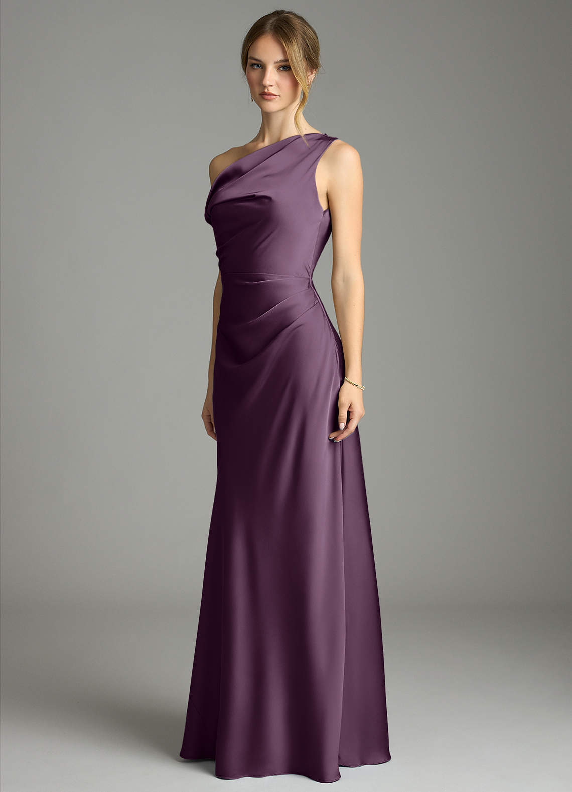 Emerson Mermaid One-Shoulder Stretch Satin Bridesmaid Dress in Plum