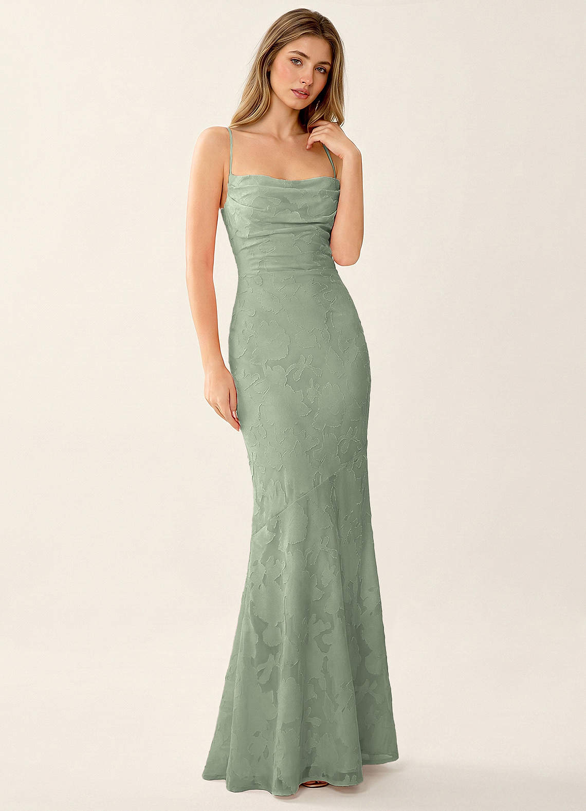 Natasha Mermaid Spaghetti-Strap Floral Burnout Evening Dress in Burgundy